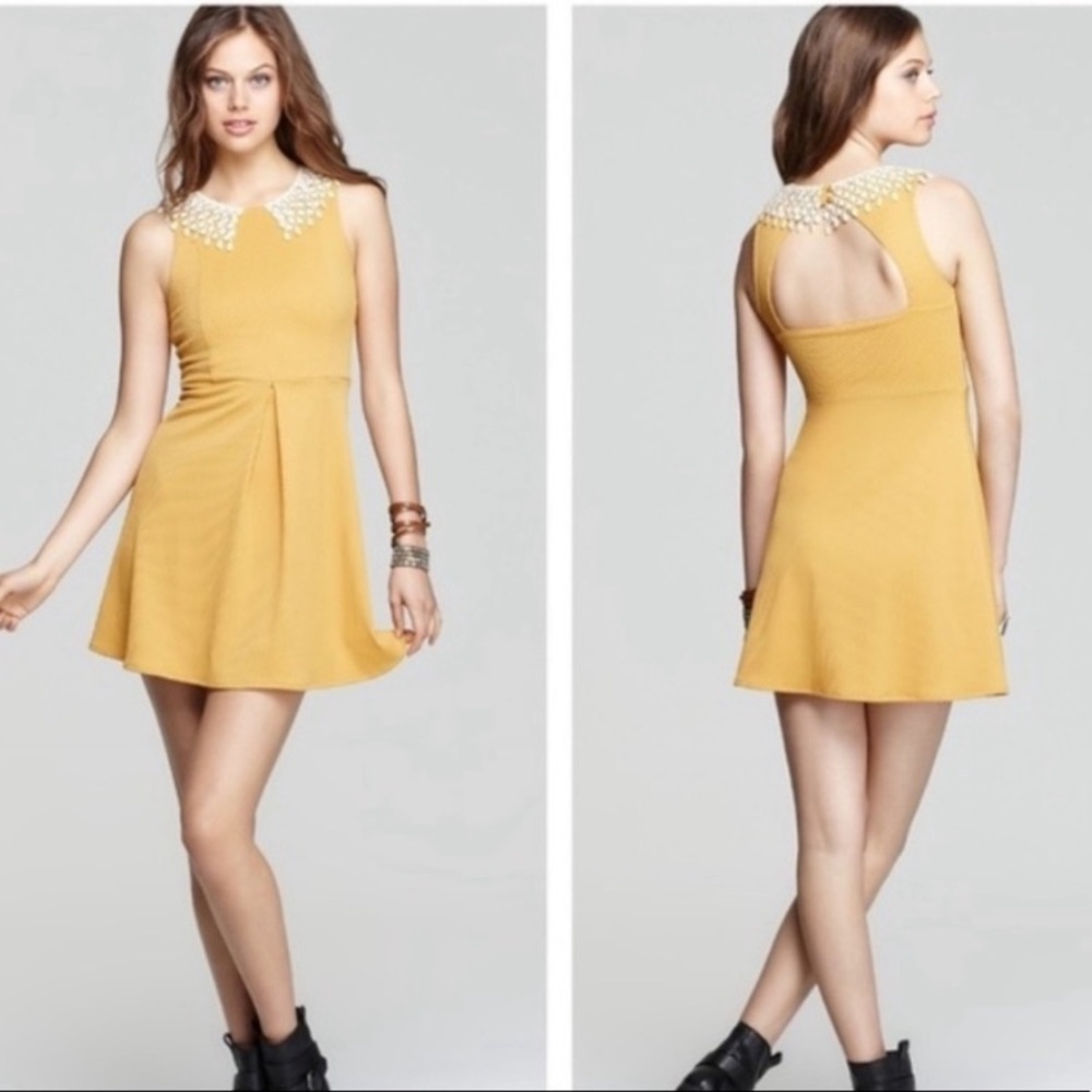 FREE PEOPLE Mustard Yellow Crochet Waffle Dress Size Medium